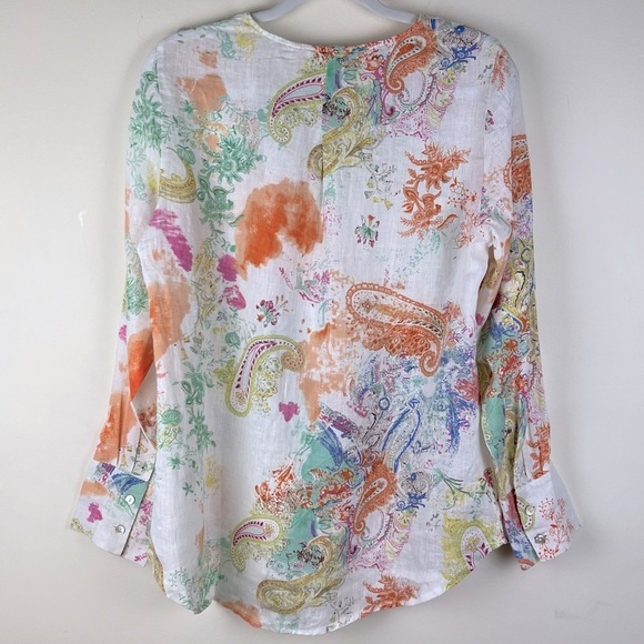 Soft Surroundings | Feminine Cottagecore  Linen Watercolor Ruffle Blouse | M - Picture 6 of 12